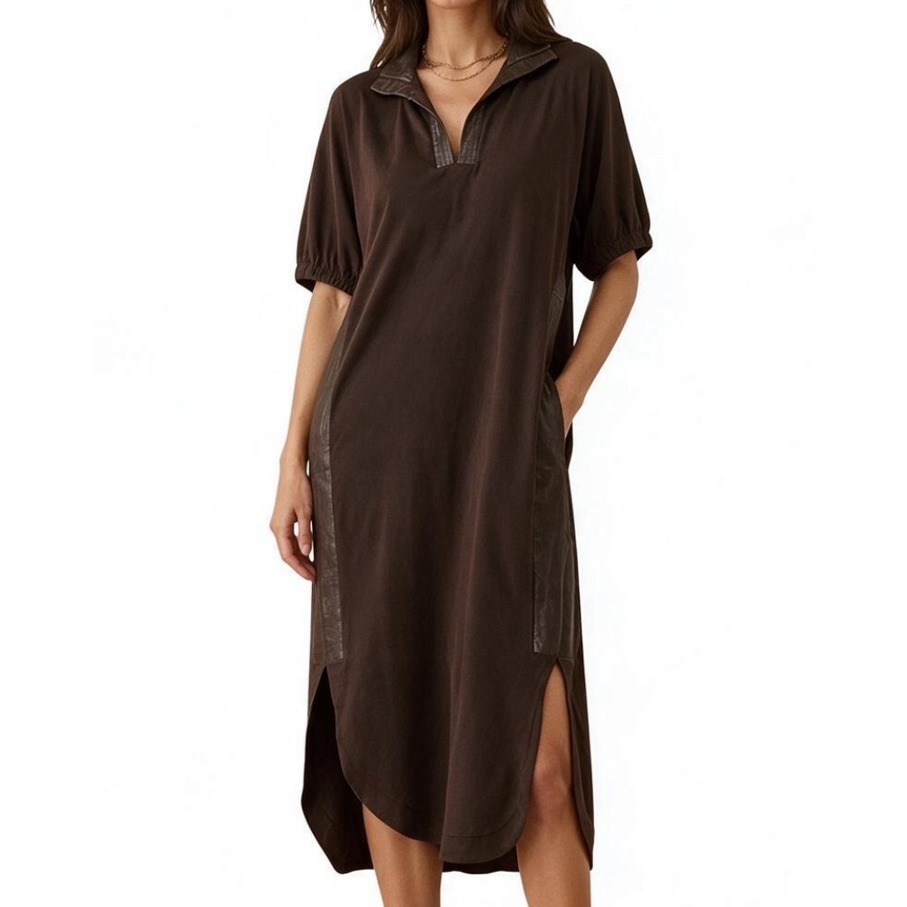 NWT Emily McCarthy POPPY CAFTAN MIDI DRESS Java Dk Brown FAUX LEATHER TRIM sz S